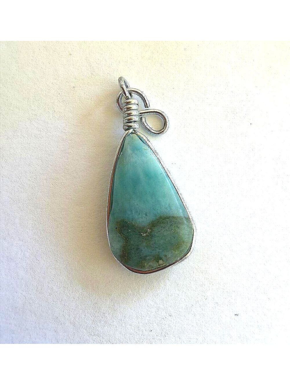 Natural Larimar Blue-Green Stone Pendant with Silver Wire Wrap Handmade